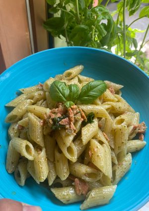 A picture of Penne with Salmon and Genovese Pesto.