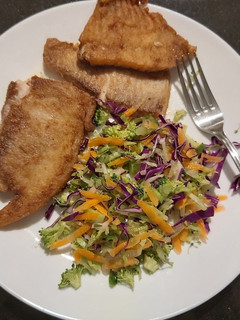 A picture of Fish fillet and salad.