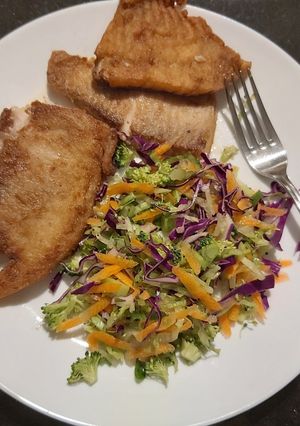 A picture of Fish fillet and salad.