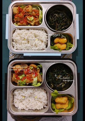 Foto resep Bekal Tumis Kangkung, Tahu Bakso Kubis Sambel Bawang, dan Chicken Nugget