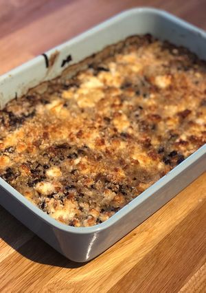 A picture of Leek & Puy Lentil Gratin with Feta Topping.