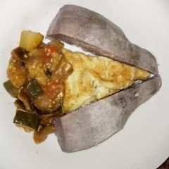 A picture of Breakfast arrowroot, eggplants curryfriedegg #favoriteEasterDis.