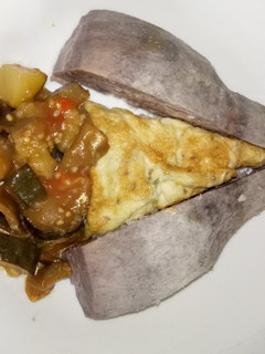 A picture of Breakfast arrowroot, eggplants curryfriedegg #favoriteEasterDis.