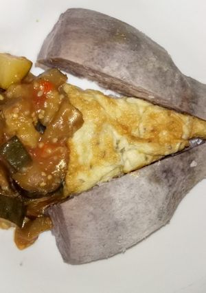 A picture of Breakfast arrowroot, eggplants curryfriedegg #favoriteEasterDis.