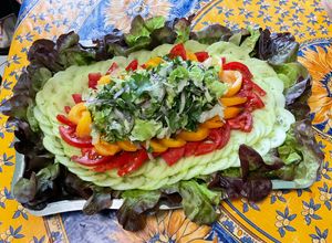 Une photo de Salade composée au concombre, tomates, feuille de chêne et oignon rouge