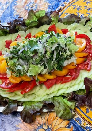 Une photo de Salade composée au concombre, tomates, feuille de chêne et oignon rouge