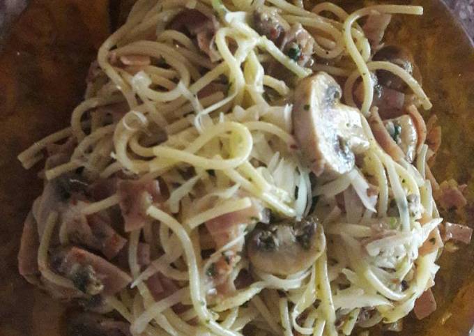 Spaguettis con salsa de jamón y champiñones riquísima Receta de Soledad Ciantino solc1 Cookpad