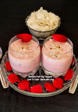 A picture of Rose Milk Poha - Sharad Purnima Special - Indian Classic Festive Dessert.