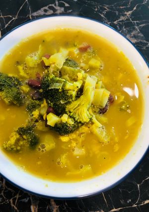 A picture of Black bean, broccoli soup.