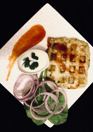 A picture of Cheese chicken spinach waffle.