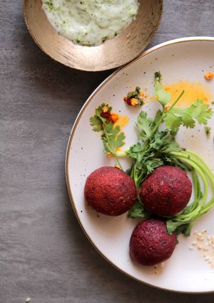 A picture of Beetroot Falafel with Cilantro Tahini.