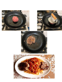 Una foto de Tallarines rojos acompañados de hamburguesa casera