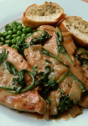 A picture of Vickys Pork Steaks with Creamy Garlic Sauce, GF DF EF SF NF.