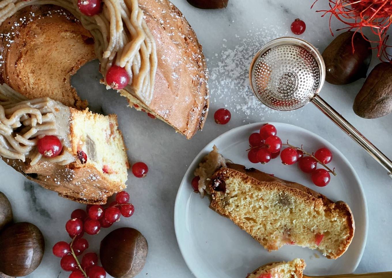 Cake au crémeux marron et groseilles <br />Recette du chef Christophe Michalak <br />@4PassionFood