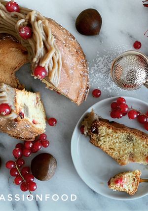 Une photo de Cake au crémeux marron et groseillesRecette du chef Christophe Michalak@4PassionFood