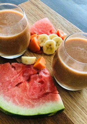 A picture of Dairy Free Watermelon, Pawpaw and Banana Smoothie with Kale.