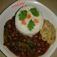 A picture of Rice /beans and guacamole.