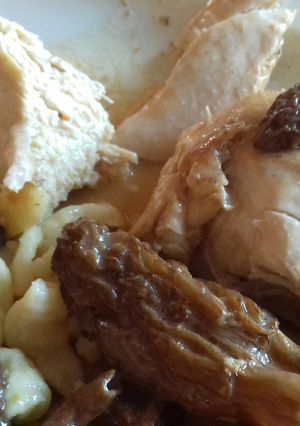 Une photo de Poularde au vin jaune et morilles