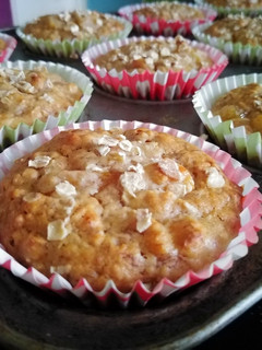 A picture of Vickys Peach & Oat Breakfast Muffins, GF DF EF SF NF.