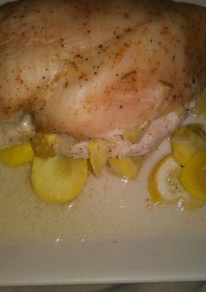 A picture of Lady A's Stuffed Breast's Chicken With Yellow Squash.