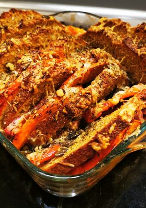 A picture of Savory Pumpkin French Toast with Bacon and Pumpkin Seeds.