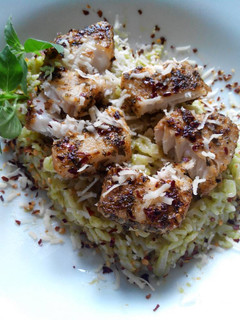Foto resep Seared Sea Bass Alfabeto Pasta Pesto