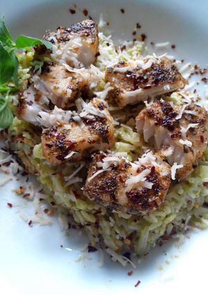 Foto resep Seared Sea Bass Alfabeto Pasta Pesto