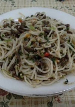Foto resep Beef Rice Spaghetti à la Aglio Olio with Spinach