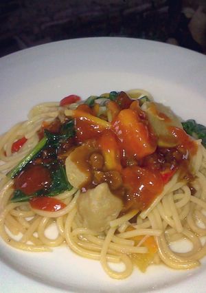 Foto resep Spaghetti Orak Arik Sayuran Saus Barbeque Pedas