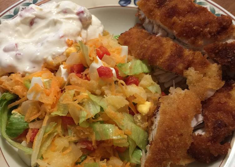 Cara Mudah Membuat Chicken katsu with salad and yoghurt lemon sauce Bikin Ngiler