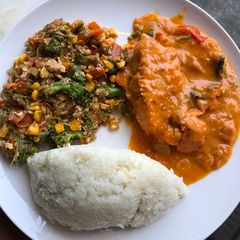 A picture of Ugali, Vegetable and Fish stew in milk.