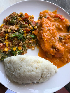 A picture of Ugali, Vegetable and Fish stew in milk.