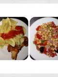 Tortelini con alitas de pollo adobadas o ensalada garbanzos