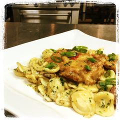 A picture of Braised Chicken,  Andouille Mushroom Cream Sauce served over Orecchiette Pasta.