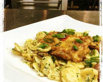 New Recipe Braised Chicken  Andouille Mushroom Cream Sauce served over Orecchiette Pasta Delicious Perfect