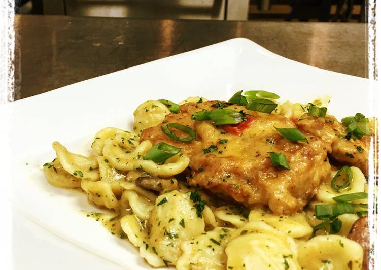 Recipe of Quick Braised Chicken,  Andouille Mushroom Cream Sauce served over Orecchiette Pasta