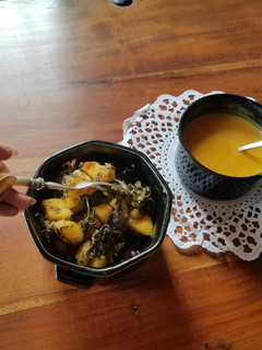 A picture of Butternut Soup served with Sauteed Sweet Potato.