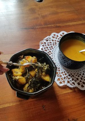 A picture of Butternut Soup served with Sauteed Sweet Potato.