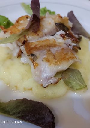 Una foto de Merluza a la plancha, sobre cama de patatas