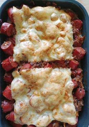 A picture of Mushrooom Sausage in Oven.