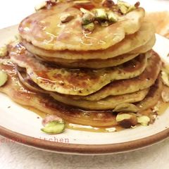 A picture of Orange wheat pistachio pancakes kids special recipe.