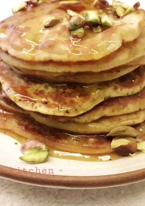 A picture of Orange wheat pistachio pancakes kids special recipe.