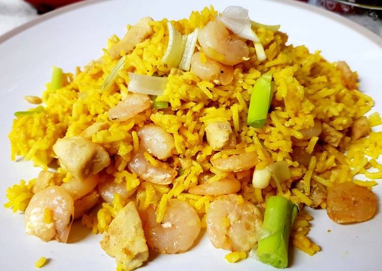 Step-by-Step Guide to Make Super Quick Homemade My Garlic Chicken, Prawn, squid &amp; fried Rice. 😀