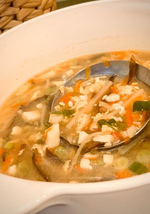 A picture of Vegetarian Hot and Sour Soup (with Egg and Dairy).