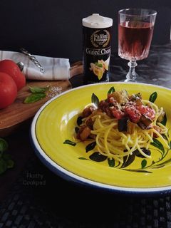 Sült padlizsános- paradicsomos spagetti recept fotója
