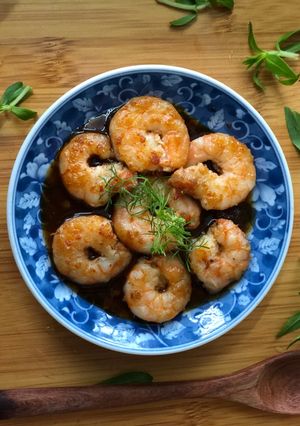Hình của món Tuần 7: Tôm sốt dầu hào.