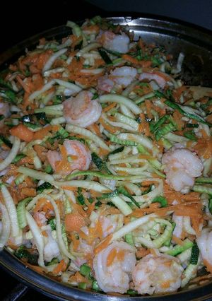 A picture of Garlic Butter Shrimp over Spiralizer Zucchini.