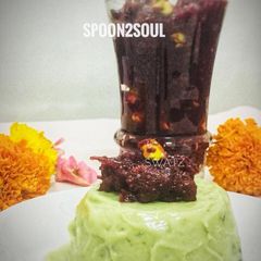 A picture of Italian Avocado Semifreddo topped with Desi Beetroot Halwa.