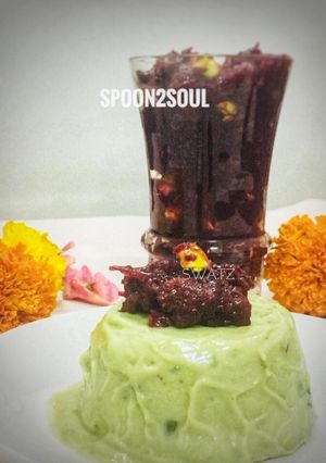 A picture of Italian Avocado Semifreddo topped with Desi Beetroot Halwa.