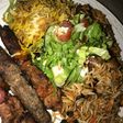 Fried rice and spaghetti with grilled meat with coleslow